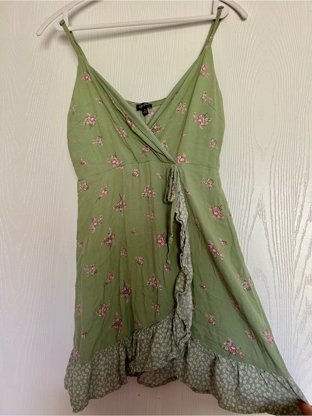 Green Floral Wrap Sundress with Ruffle Trim